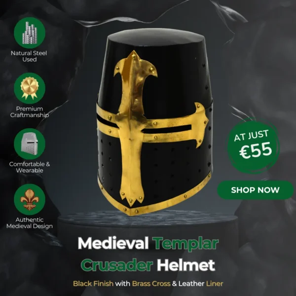 Medieval Templar Crusader Helmet – Black Finish with Brass Cross & Leather Liner
