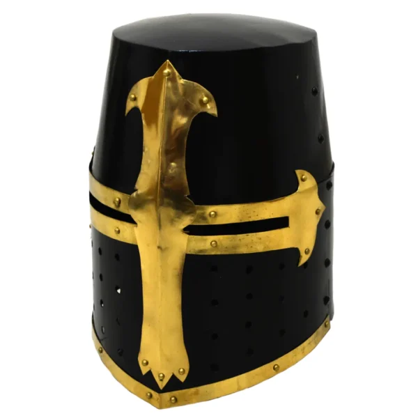 Medieval Templar Crusader Helmet – Black Finish with Brass Cross & Leather Liner