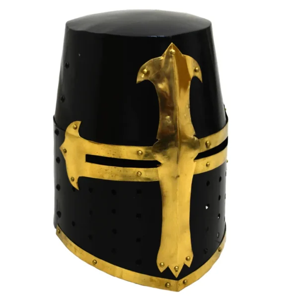 Medieval Templar Crusader Helmet – Black Finish with Brass Cross & Leather Liner
