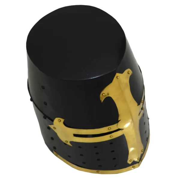 Medieval Templar Crusader Helmet – Black Finish with Brass Cross & Leather Liner